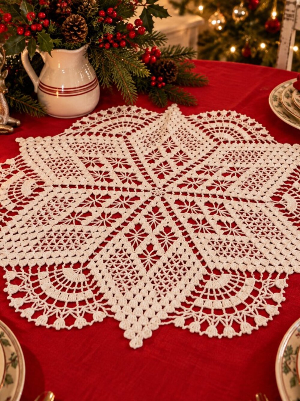 Vintage Hand Crocheted White Cotton Doily 27” Large Starburst Lace